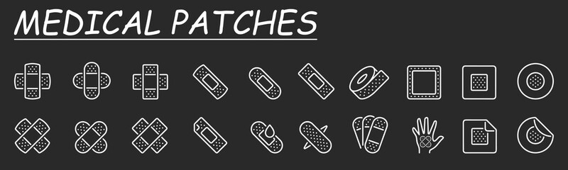 Vector icons medical bandage. Adhesive tape for treatment of light skin cuts, postoperative sutures. Band-aid for skin injuries and wounds. Thin line black set. Stock illustration.
