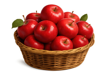 Wicker basket full of juicy red apples with leaves, isolated on a transparent background, perfect for healthy eating and autumn themes