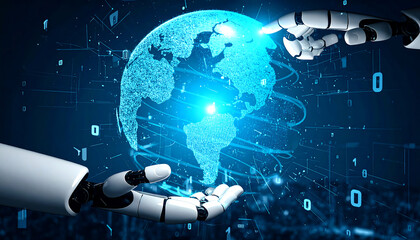 A futuristic robotic hand reaching out and gently touching a glowing digital Earth