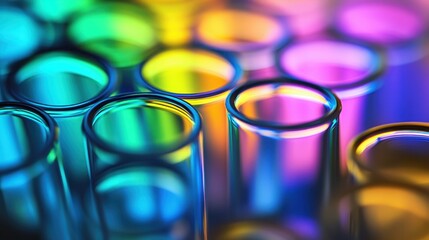 Colorful test tubes reflecting vibrant light patterns in laboratory