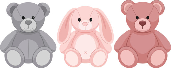 Three plush toys arranged side by side including two bears and a bunny on a white background