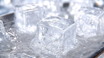 Crystal Clear Ice Cubes on a Cold Surface with Water Glimmering