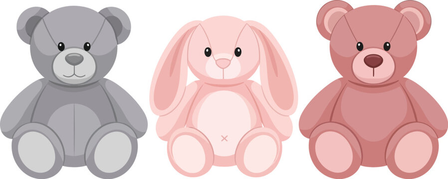 Three plush toys arranged side by side including two bears and a bunny on a white background