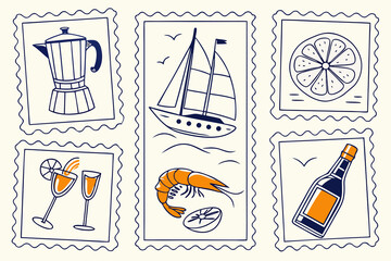Italian style vacation hand drawn post stamps in doodle sketch style. Summer Italy holidays elements for poster, placard or postcard prints. Italian Amalfi Sicily beach vector illustration patterns. 