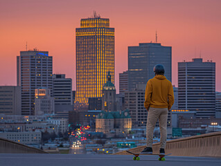 Young man in a yellow hoodie stands on a skateboard overlooking a vibrant city skyline at sunset, with glowing buildings and a colorful sky creating a dynamic urban atmosphere
