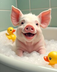Happy Piglet Bathing with Rubber Ducks – 3D Render