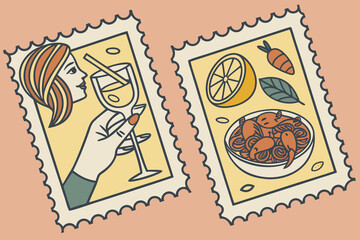 Obraz premium Italian style vacation hand drawn post stamps in doodle sketch style. Summer Italy holidays elements for poster, placard or postcard prints. Italian Amalfi Sicily beach vector illustration patterns. 