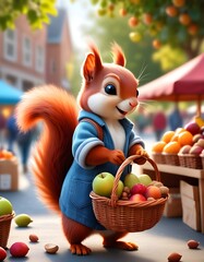 Cute Squirrel in a Blue Jacket Holding a Basket of Fruit at a Farmer’s Market
