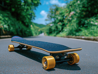 Skateboard with golden wheels resting on a smooth asphalt road surrounded by lush greenery, showcasing vibrant colors and a dynamic outdoor lifestyle concept