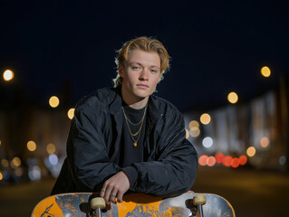 Young man with skateboard poses confidently at night, illuminated by street lights, showcasing urban lifestyle and youthful energy in a vibrant city environment