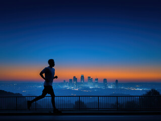 African American man jogging at dawn, silhouetted against a vibrant skyline, showcasing a healthy lifestyle and urban fitness in a serene morning atmosphere