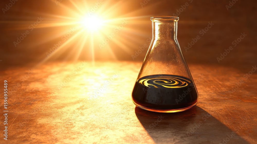 Poster glass flask with dark liquid and sunlight reflection on table