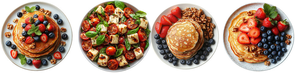 Healthy Brunch Arrangement: Pancakes with Berries and a Salad featuring Tomatoes and Cheese on White Plates, Perfect for a Nutritious and Delightful Meal isolated transparent background