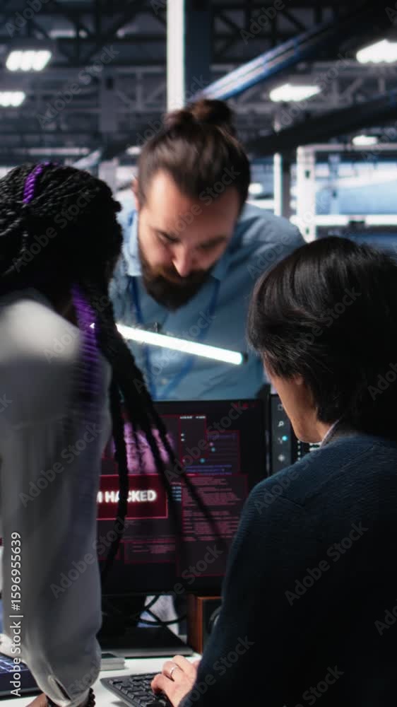Poster vertical video technicians in ai server hub panicked by hacking attempt stealing sensitive company d