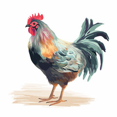 Fototapeta premium A colorful digital illustration of a rooster standing on a light beige surface, showcasing its vibrant plumage and distinct features.