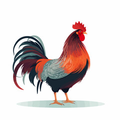 Fototapeta premium Illustration of a colorful rooster standing on a light green surface, showcasing vibrant red, orange, and gray plumage.