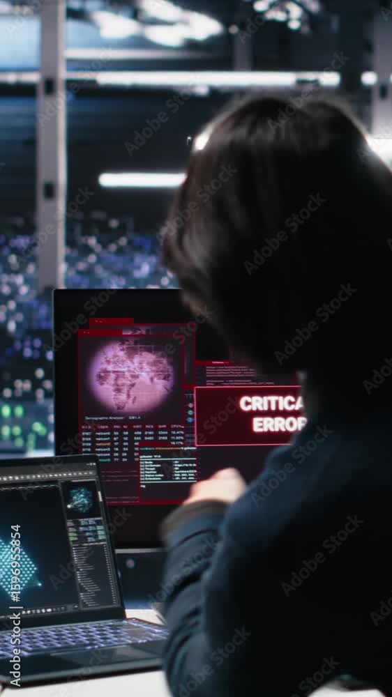 Poster vertical video data center team of engineers trying to fix critical error warning while using ai. se