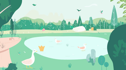 Naklejka premium Illustration of a serene pond with geese swimming, surrounded by lush greenery, trees, and a small house in the background.