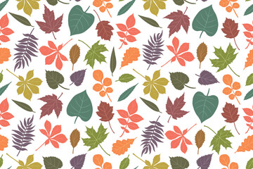 Fall trees leaves as oak, maple, chestnut. Simple, yellow, red, orange fall leaf set for pattern, banner, sticker, card. Flat vector illustration on white background
