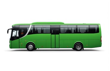 Modern green coach bus, side view, isolated on white background. Features sleek design, large windows, passenger doors. Ideal for eco-friendly public transit, urban commute, or tour tourism services.