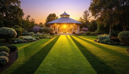 Lawn pathway leads to ornate garden pavilion at sunset. Luxury landscape design features manicured grass, brick accents, green plants, creating serene, elegant estate. Geometric symmetry in sunlight.