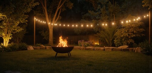 Crackling fire pit glows warmly in backyard garden under soft string lights during twilight. Rich green grass, stone border, trees create serene, cosy ambience for outdoor relaxation, social