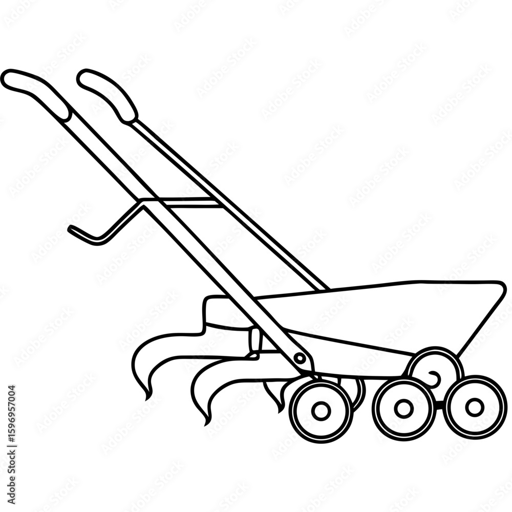 Poster seed-drill implement for farming operations in fields, outline representation of seed-drill, featuri