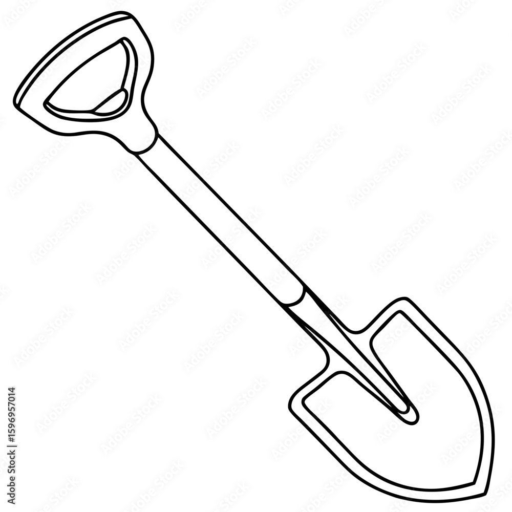 Poster shovel attachment outlined in a detailed line drawing, features practical hardware tool for digging 
