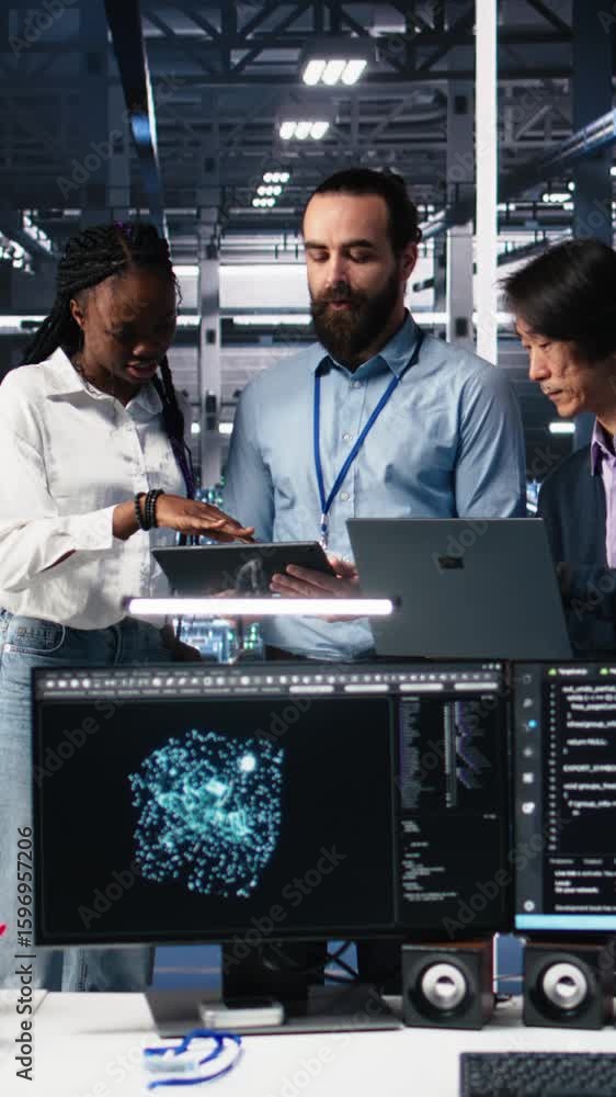 Poster vertical video portrait of smiling engineers in server room using ai to review infrastructure diagno