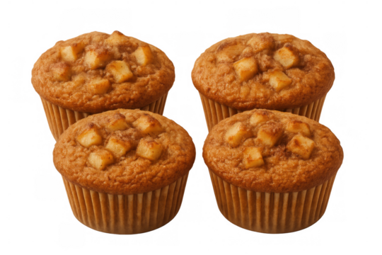 Four delicious apple cinnamon muffins with a transparent background, perfect for food bloggers, bakeries, and menu designs