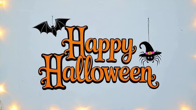 Happy Halloween text with hanging bat and spider in witch hat on light background. Vector illustration. Halloween celebration and autumn holiday concept. Design for greeting, invitation, banner