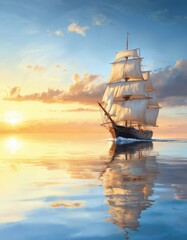 Majestic sailing ship glides on calm sea at sunset. Vibrant orange sky reflects on water. Peaceful journey, symbol of freedom, adventure across ocean. Vintage vessel captures romance of maritime