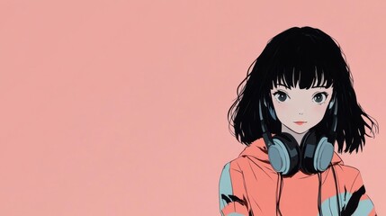 Obraz premium Pastel-toned anime girl in headphones, a digital illustration.