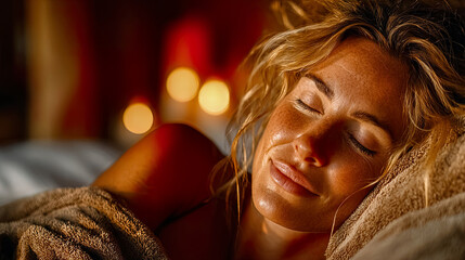 Portrait of woman resting wrapped in towel with peaceful expression and warm candlelight, Generated with AI