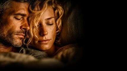Couple cuddling asleep in intimate moment with expression of peace and deep affection, Generated with AI