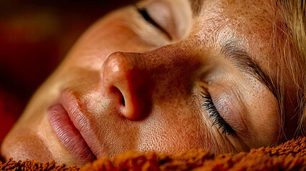 Close-up of woman resting with calm expression and glowing skin on brown towel, Generated with AI