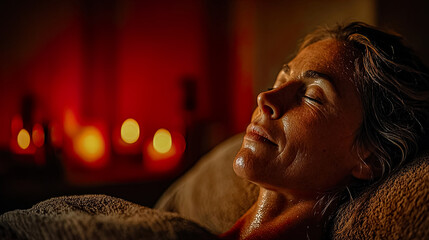 Woman relaxing under warm light among towels and lit candles in nighttime spa session, Generated with AI