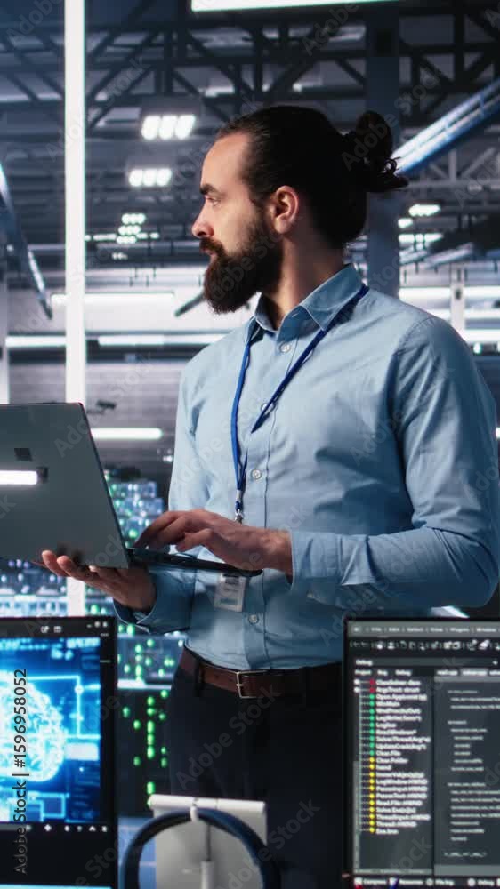 Poster vertical video data center technician using laptop to monitor neural network ai llm visualization. i