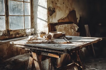 Clay and dough on a rustic workbench in a sunlit workshop.