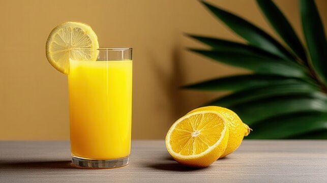 Refreshing lemon elixir in a glass, with a Citrus garnish and tropical leaf backdrop, during daytime