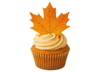 Maple-frosted cupcake featuring intricate leaf design, symbolizing seasonal autumn flavors against pristine white backdrop