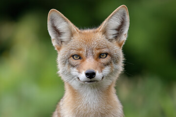 Fototapeta premium Fox portrait with alert ears and striking eyes in a natural forest setting