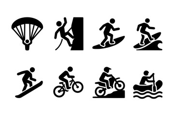 Obraz premium Adventure sports icons set featuring paragliding, rock climbing, surfing, skiing, cycling, motocross, and rafting