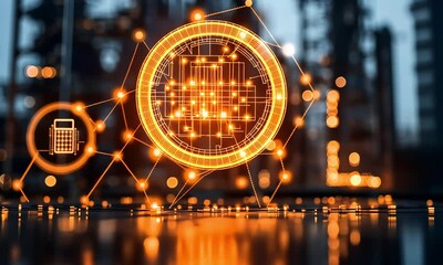 Abstract digital network overlay on cityscape background - Powered by Adobe