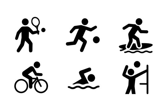 Silhouette of sports activities: tennis, soccer, surfing, cycling, swimming, volleyball icons