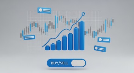 Fototapeta premium Stock Market Trading Investment Dashboard with Blue Rising Bar Graph and Candlestick Chart Visualization