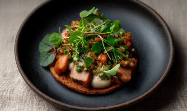 Smoked duck tostada with black recado and micro herbs artfully presented on handmade clay
