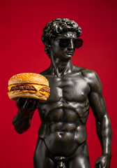Fototapeta premium Antique sculpture wearing sunglasses is posing on a red background while holding a delicious burger
