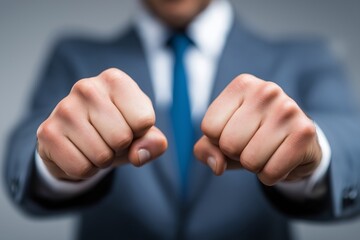 Businessman in suit showing clenched fists toward camera symbolizing strength, determination and readiness to face challenges