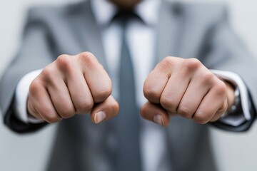 Businessman in grey suit showing clenched fists toward camera symbolizing determination, readiness, strength and competitive spirit in a professional context